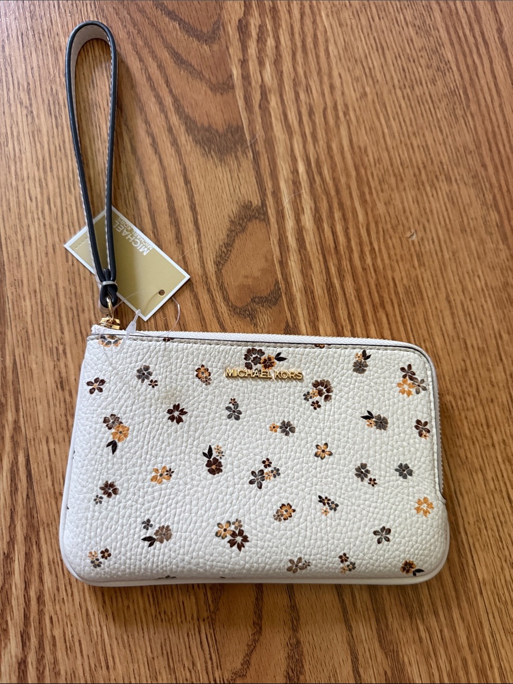 Michael Kors Cream Floral Zip Wristlet with cream Strap